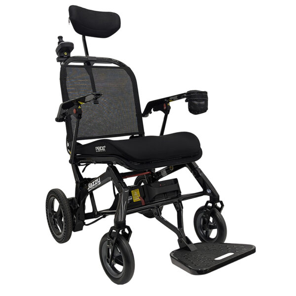 Jazzy Ultra Light Power Chair with an all-carbon fiber frame, ultra-lightweight design, and quick-folding capability for travel-friendly mobility.