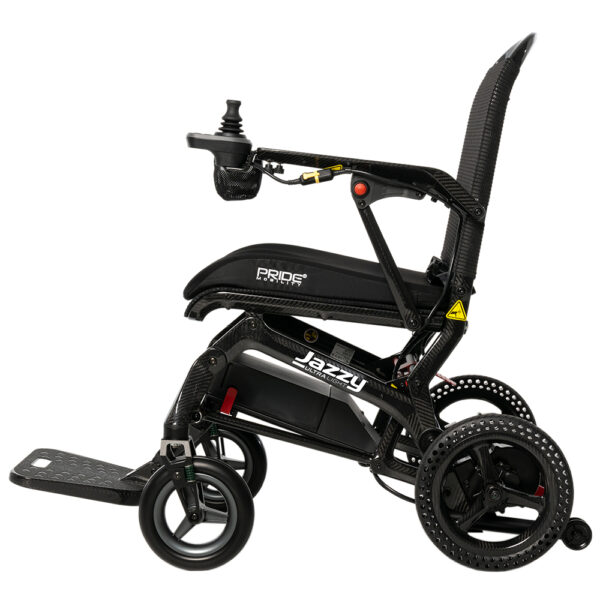 Jazzy Ultra Light Power Chair with an all-carbon fiber frame, ultra-lightweight design, and quick-folding capability for travel-friendly mobility.