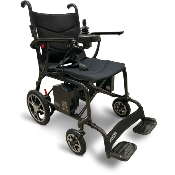 Journey Air Elite Lightweight Folding Power Chair with a carbon fiber frame, brushless motors, foldable design, and joystick control for easy mobility.