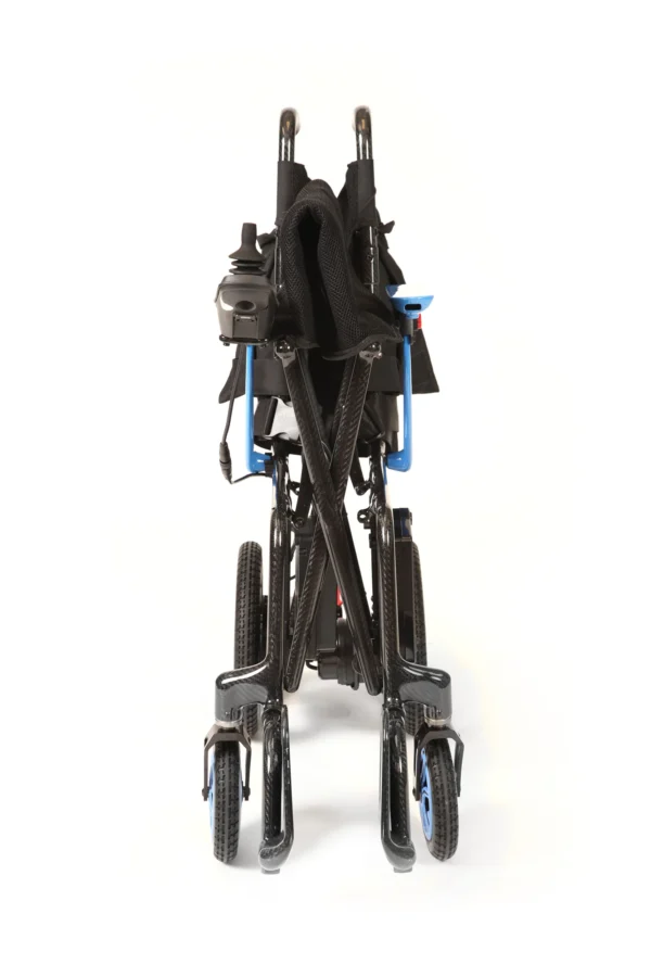 Journey Air Elite Lightweight Folding Power Chair with a carbon fiber frame, brushless motors, foldable design, and joystick control for easy mobility.
