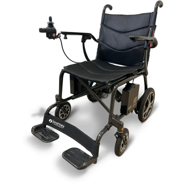 Journey Air Elite Lightweight Folding Power Chair with a carbon fiber frame, brushless motors, foldable design, and joystick control for easy mobility.
