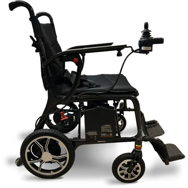 Journey Air Elite Lightweight Folding Power Chair with a carbon fiber frame, brushless motors, foldable design, and joystick control for easy mobility.