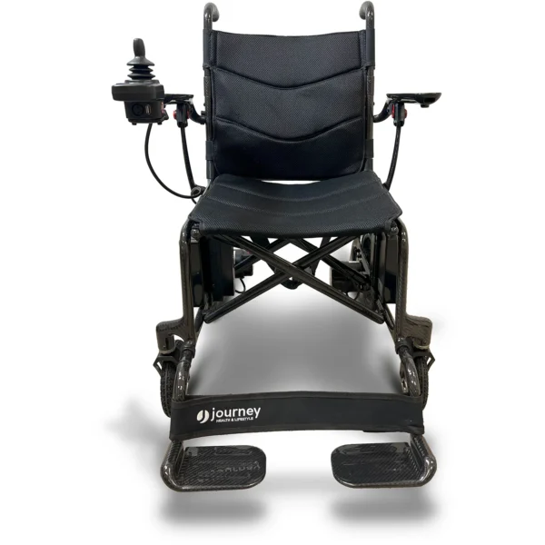 Journey Air Elite Lightweight Folding Power Chair with a carbon fiber frame, brushless motors, foldable design, and joystick control for easy mobility.