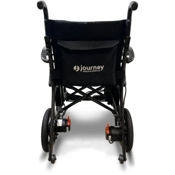 Journey Air Elite Lightweight Folding Power Chair with a carbon fiber frame, brushless motors, foldable design, and joystick control for easy mobility.