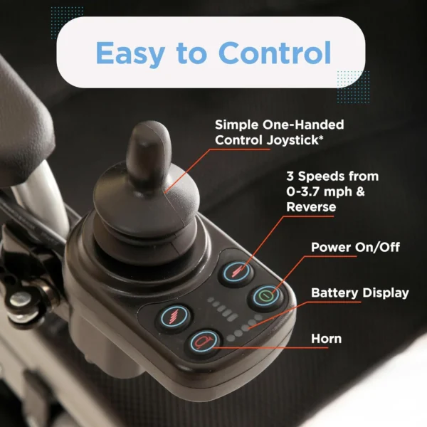 Journey Air Elite Lightweight Folding Power Chair with a carbon fiber frame, brushless motors, foldable design, and joystick control for easy mobility.