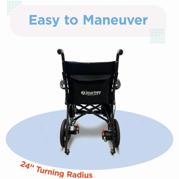 Journey Air Elite Lightweight Folding Power Chair with a carbon fiber frame, brushless motors, foldable design, and joystick control for easy mobility.