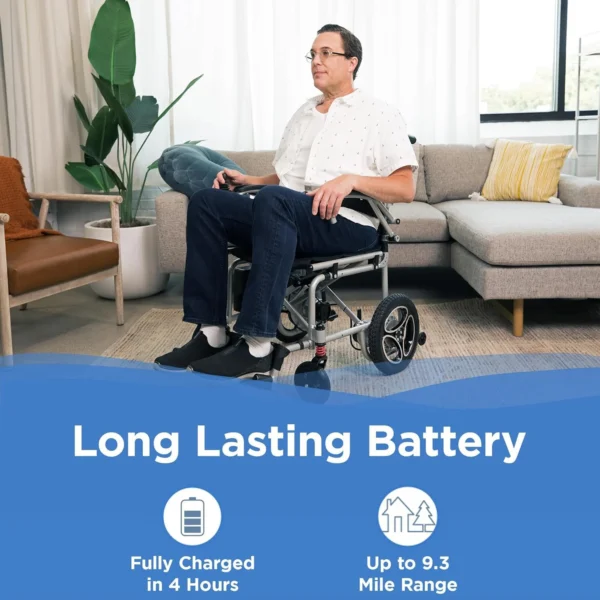 Journey Air Elite Lightweight Folding Power Chair with a carbon fiber frame, brushless motors, foldable design, and joystick control for easy mobility.