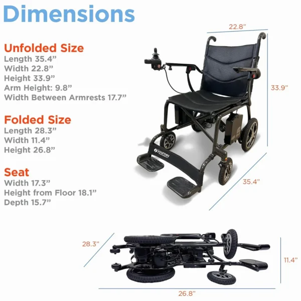 Journey Air Elite Lightweight Folding Power Chair with a carbon fiber frame, brushless motors, foldable design, and joystick control for easy mobility.
