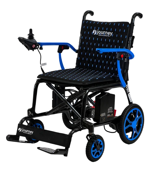 Journey Air Elite Lightweight Folding Power Chair with a carbon fiber frame, brushless motors, foldable design, and joystick control for easy mobility.