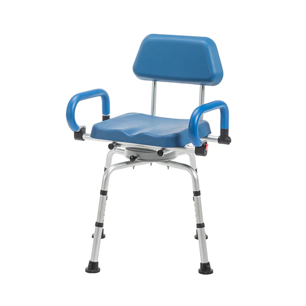 Journey SoftSecure Rotating Shower Chair with padded 360° swivel seat, rustproof aluminum frame, height-adjustable legs, and flip-back armrests for safe showering.