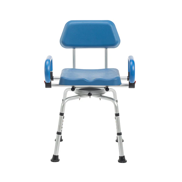 Journey SoftSecure Rotating Shower Chair with padded 360° swivel seat, rustproof aluminum frame, height-adjustable legs, and flip-back armrests for safe showering.