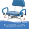 Journey SoftSecure Rotating Shower Chair with padded 360° swivel seat, rustproof aluminum frame, height-adjustable legs, and flip-back armrests for safe showering.