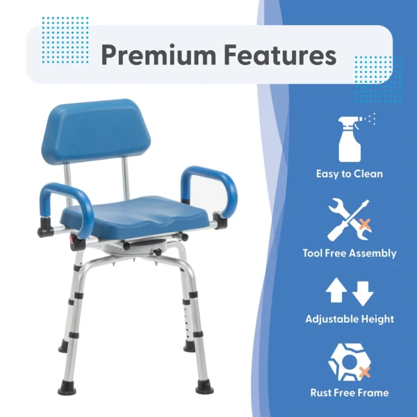Journey SoftSecure Rotating Shower Chair with padded 360° swivel seat, rustproof aluminum frame, height-adjustable legs, and flip-back armrests for safe showering.