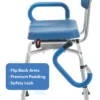 Journey SoftSecure Rotating Shower Chair with padded 360° swivel seat, rustproof aluminum frame, height-adjustable legs, and flip-back armrests for safe showering.