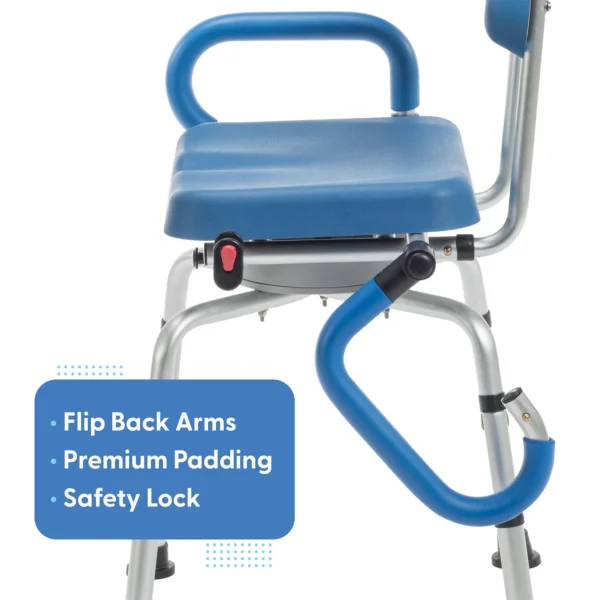 Journey SoftSecure Rotating Shower Chair with padded 360° swivel seat, rustproof aluminum frame, height-adjustable legs, and flip-back armrests for safe showering.