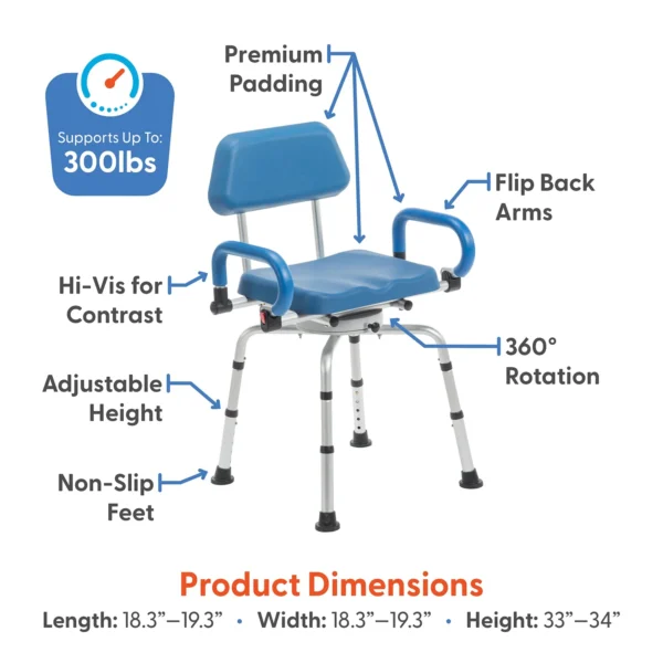 Journey SoftSecure Rotating Shower Chair with padded 360° swivel seat, rustproof aluminum frame, height-adjustable legs, and flip-back armrests for safe showering.