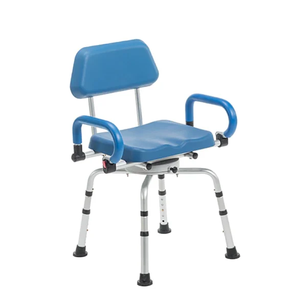 Journey SoftSecure Rotating Shower Chair with padded 360° swivel seat, rustproof aluminum frame, height-adjustable legs, and flip-back armrests for safe showering.