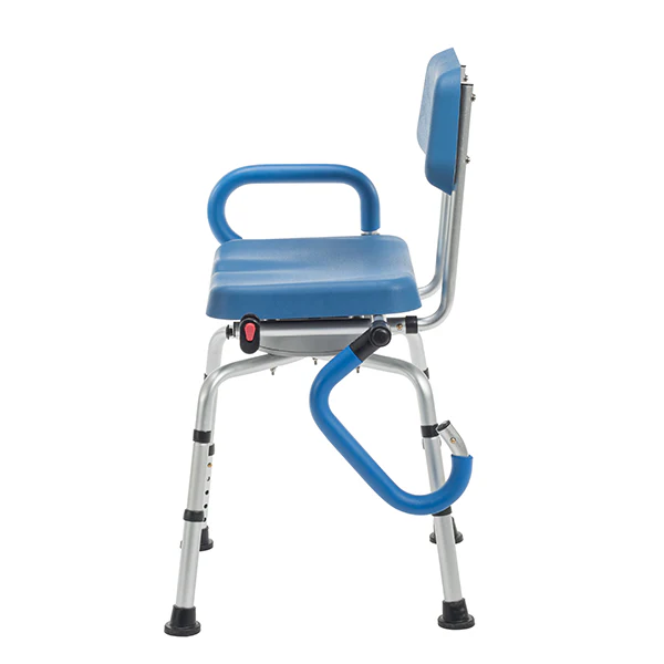 Journey SoftSecure Rotating Shower Chair with padded 360° swivel seat, rustproof aluminum frame, height-adjustable legs, and flip-back armrests for safe showering.