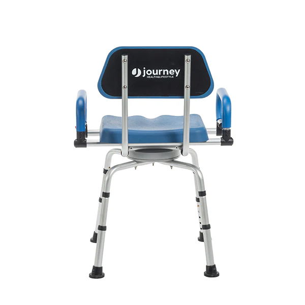Journey SoftSecure Rotating Shower Chair with padded 360° swivel seat, rustproof aluminum frame, height-adjustable legs, and flip-back armrests for safe showering.