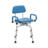Journey SoftSecure Rotating Shower Chair with padded 360° swivel seat, rustproof aluminum frame, height-adjustable legs, and flip-back armrests for safe showering.