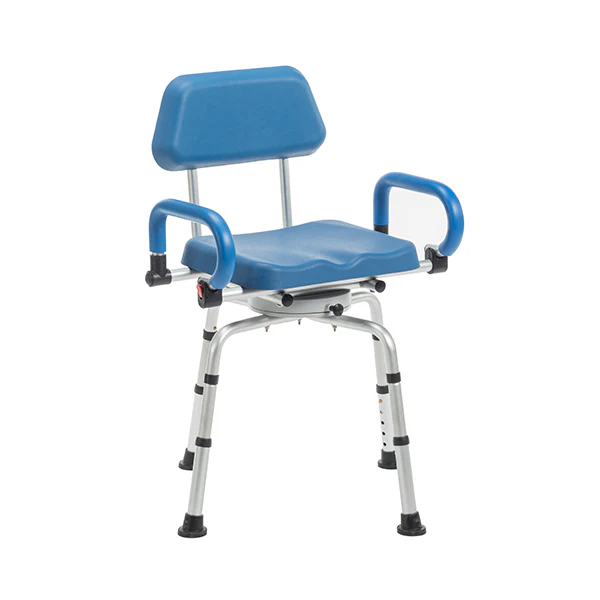 Journey SoftSecure Rotating Shower Chair with padded 360° swivel seat, rustproof aluminum frame, height-adjustable legs, and flip-back armrests for safe showering.