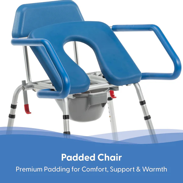 Journey SoftSecure Uplift Toilet Assist Commode with rustproof aluminum frame, height-adjustable legs, contoured seat, and non-slip feet for safe and reliable bathroom support.