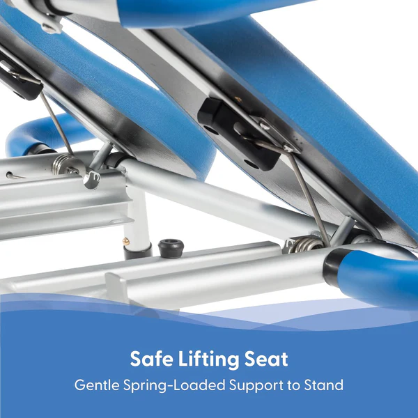 Journey SoftSecure Uplift Toilet Assist Commode with rustproof aluminum frame, height-adjustable legs, contoured seat, and non-slip feet for safe and reliable bathroom support.