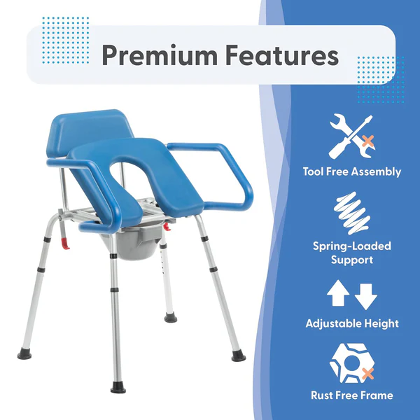 Journey SoftSecure Uplift Toilet Assist Commode with rustproof aluminum frame, height-adjustable legs, contoured seat, and non-slip feet for safe and reliable bathroom support.