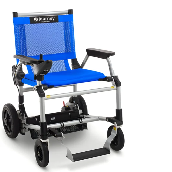 Journey Zoomer Folding Power Chair with joystick control, lightweight design, and swing-away footplate, ideal for travel and everyday use.