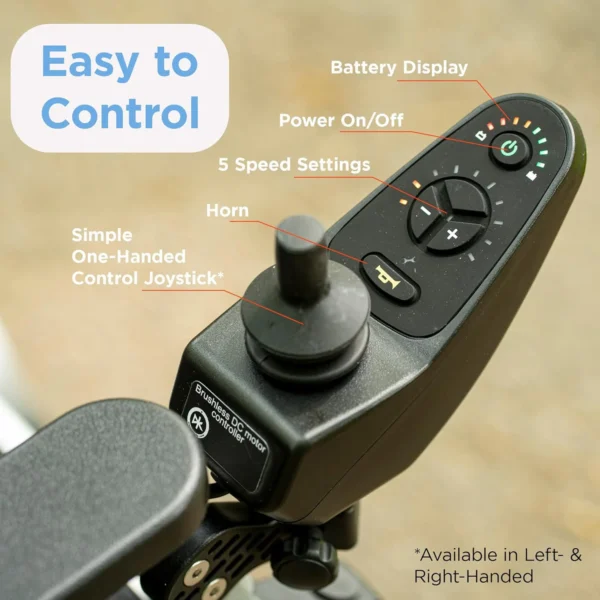 Journey Zoomer Folding Power Chair with joystick control, lightweight design, and swing-away footplate, ideal for travel and everyday use.