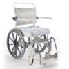 OCEANE RGO SP Aquatec Ocean Ergo Self-Propel Shower Commode Chair with ergonomic seat, 24-inch wheels, height-adjustable armrests, and included collection pan.