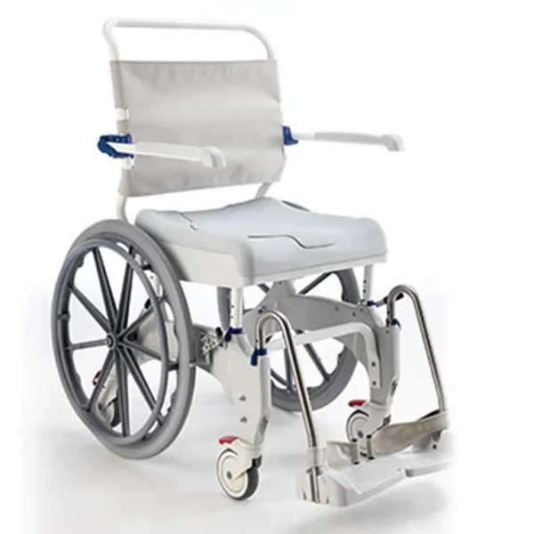 Aquatec Ocean Ergo Self-Propel Shower Commode Chair with ergonomic seat, 24-inch wheels, height-adjustable armrests, and included collection pan.