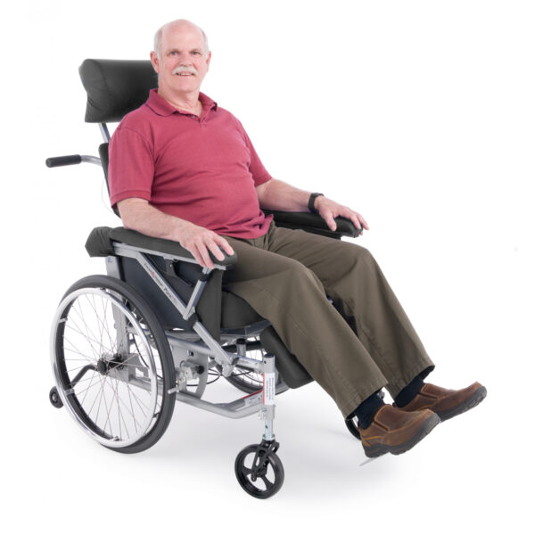 PureTilt Tilt-in-Space Wheelchair with ergonomic, adjustable backrest, self-tilt functionality, and safety features like anti-tippers and telescoping leg rests.