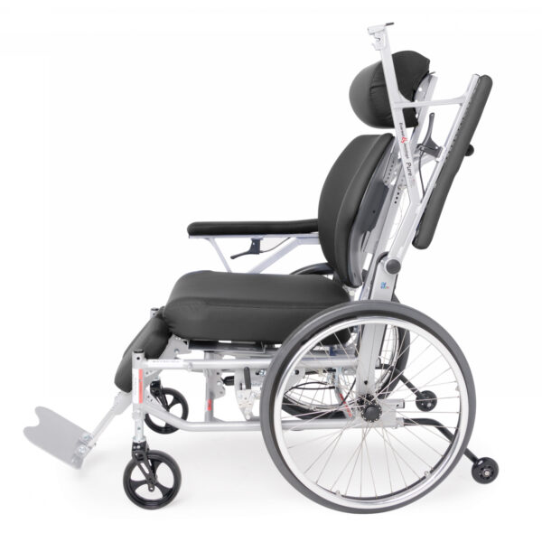 PureTilt Tilt-in-Space Wheelchair with ergonomic, adjustable backrest, self-tilt functionality, and safety features like anti-tippers and telescoping leg rests.