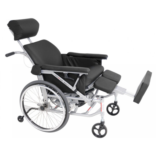 PureTilt Tilt-in-Space Wheelchair with ergonomic, adjustable backrest, self-tilt functionality, and safety features like anti-tippers and telescoping leg rests.
