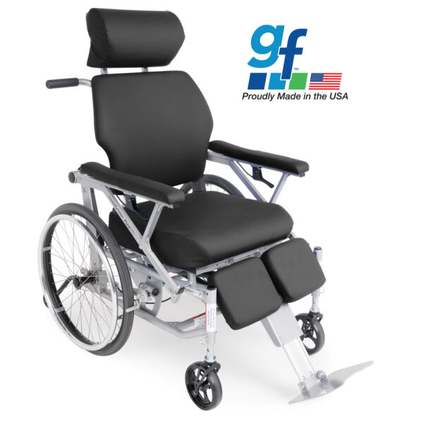 PureTilt Tilt-in-Space Wheelchair with ergonomic, adjustable backrest, self-tilt functionality, and safety features like anti-tippers and telescoping leg rests.