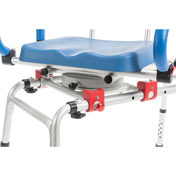 Journey SoftSecure Rotating Transfer Bench with padded 360° swivel seat, rustproof aluminum frame, non-slip legs, and flip-back armrests. Perfect for safe bathtub transfers.