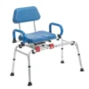 Journey SoftSecure Rotating Transfer Bench with padded 360° swivel seat, rustproof aluminum frame, non-slip legs, and flip-back armrests. Perfect for safe bathtub transfers.
