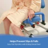 Journey SoftSecure Rotating Transfer Bench with padded 360° swivel seat, rustproof aluminum frame, non-slip legs, and flip-back armrests. Perfect for safe bathtub transfers.