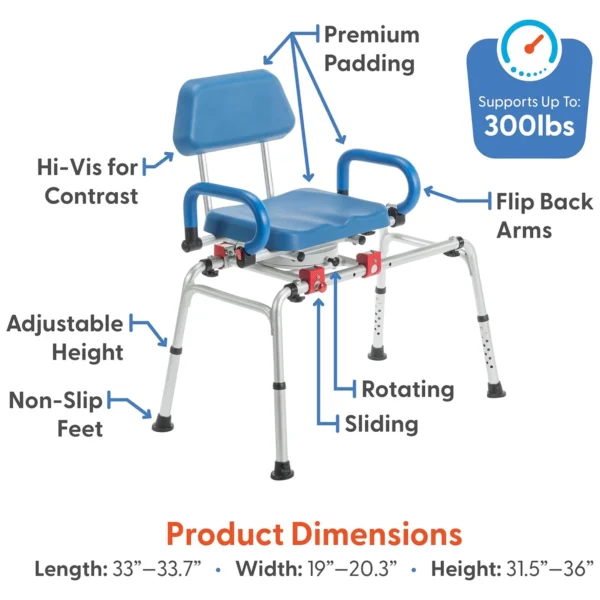 Journey SoftSecure Rotating Transfer Bench with padded 360° swivel seat, rustproof aluminum frame, non-slip legs, and flip-back armrests. Perfect for safe bathtub transfers.