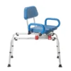 Journey SoftSecure Rotating Transfer Bench with padded 360° swivel seat, rustproof aluminum frame, non-slip legs, and flip-back armrests. Perfect for safe bathtub transfers.