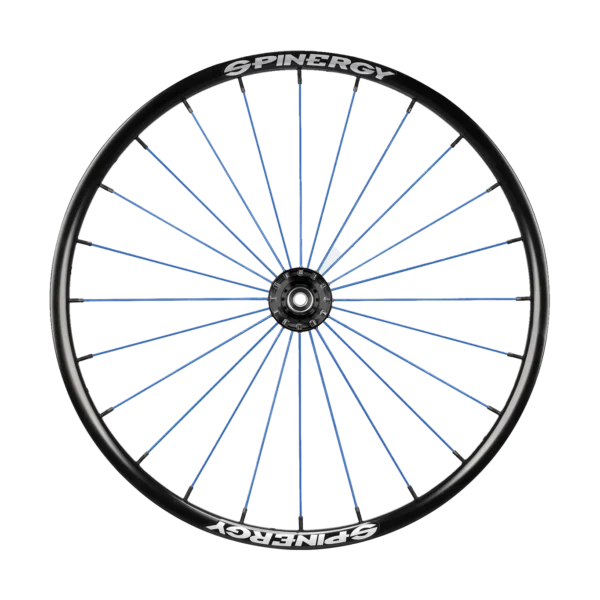 Spinergy SPOX Sport (SL) wheels with 24 PBO fiber spokes, optimized for speed and lightweight performance, shown on a sports wheelchair.