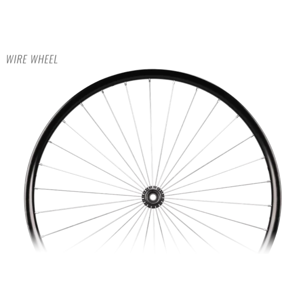 Spinergy Wire Wheel wheelchair wheels with aluminum rims, 14-gauge direct-pull spokes, and sleek aluminum hubs.