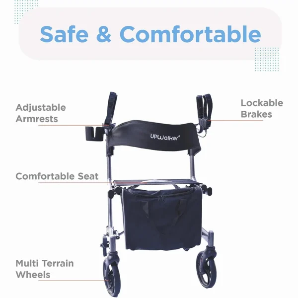 UPWalker EZ Lite lightweight rollator with height-adjustable armrests, backrest, personal item bag, and beverage holder for improved posture and mobility.