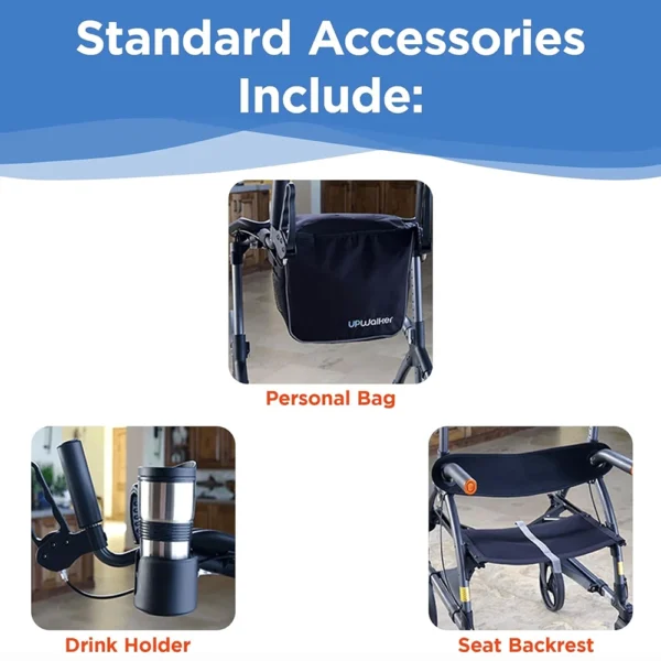 UPWalker EZ Lite lightweight rollator with height-adjustable armrests, backrest, personal item bag, and beverage holder for improved posture and mobility.