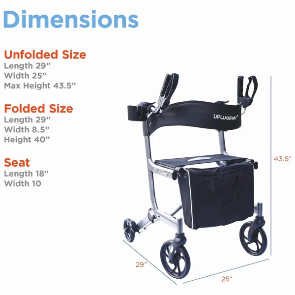 UPWalker EZ Lite lightweight rollator with height-adjustable armrests, backrest, personal item bag, and beverage holder for improved posture and mobility.