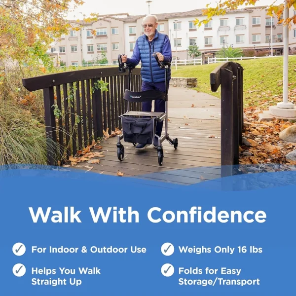 UPWalker EZ Lite lightweight rollator with height-adjustable armrests, backrest, personal item bag, and beverage holder for improved posture and mobility.