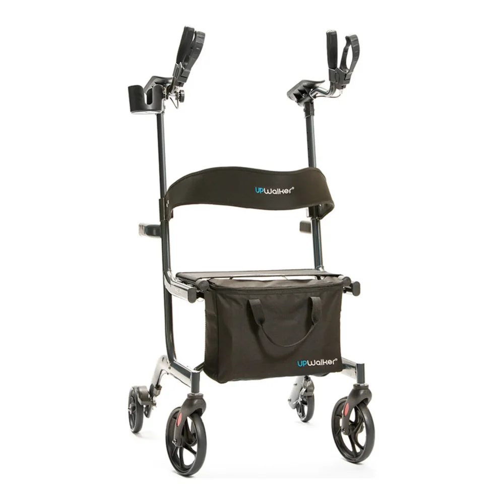 UPWalker Lite lightweight upright walker with compact design, backrest, and personal item bag for improved posture and indoor mobility.