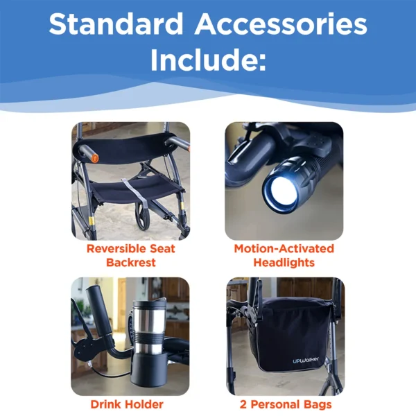 UPWalker Original upright walker with cushioned armrests, backrest, and personal bag for improved posture, mobility, and independence.
