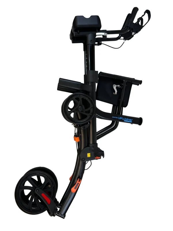 UPWalker Premium Lite V2 with larger wheels, motion-activated lights, dual storage bags, and comfort pads for improved mobility and safety.